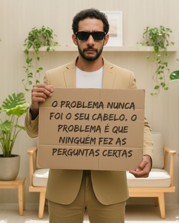 Victor Leão segurando placa: O problema nunca foi o seu cabelo