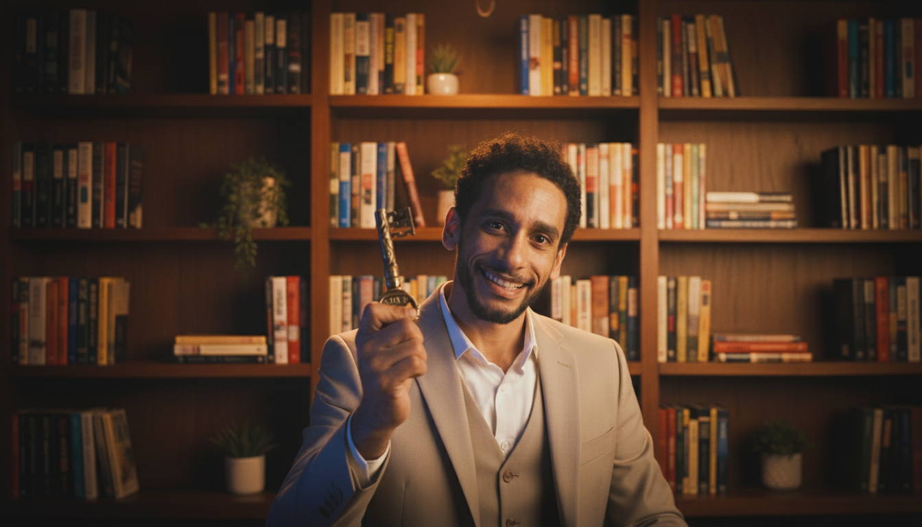 Victor Leão sorrindo com chave, biblioteca atrás